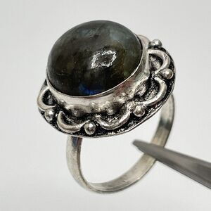 Round Cut Labradorite Gemstone Ring Silver Plated Statement Boho Sz 7.5